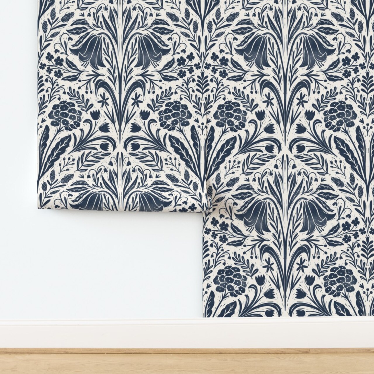 Navy Flowers Cream Blue Botanical Block Print Summer Garden Cottagecore Custom Pre-pasted Wallpaper by Spoonflower Pre-Pasted Wallpaper 2FT Wide